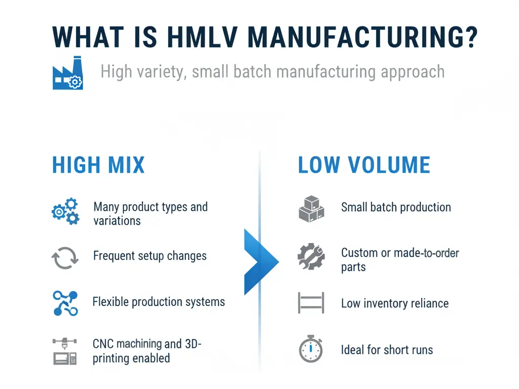 Infografía que explica la fabricación de alta variedad y bajo volumen (HMLV) y sus características clave.