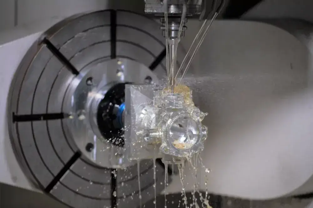 5-axis CNC milling machine creating complex precision parts by milling from multiple directions